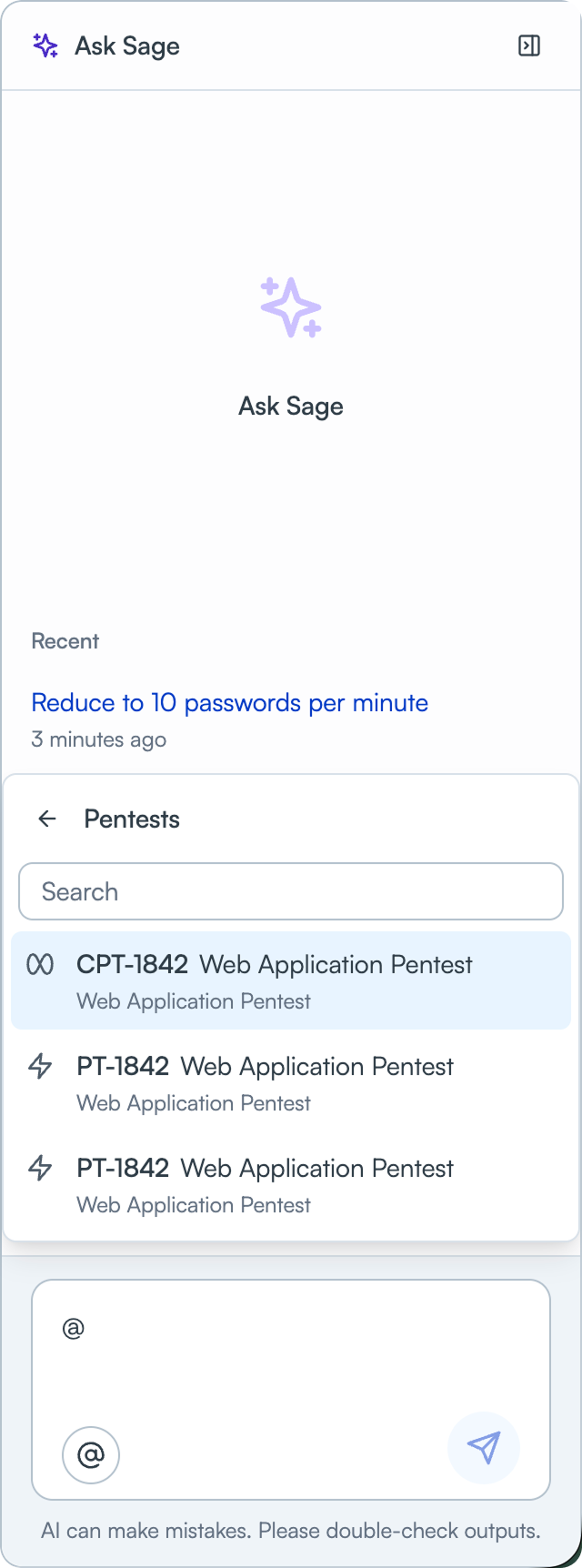 Ask Sage chat panel with a Pentests picker open, showing a search field and three pentest results